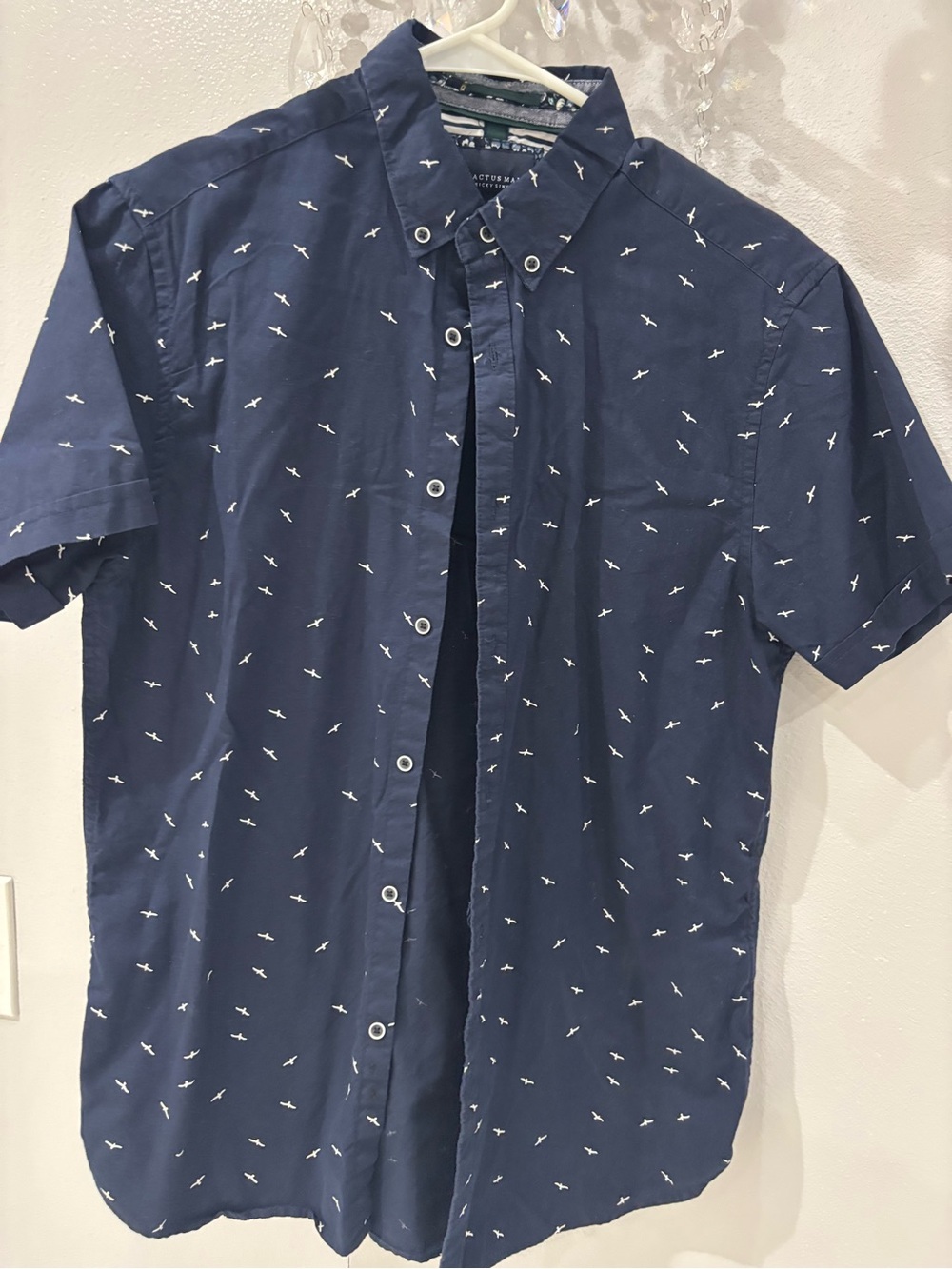 Navy Short-Sleeve Button-Down Shirt with White Bird Print